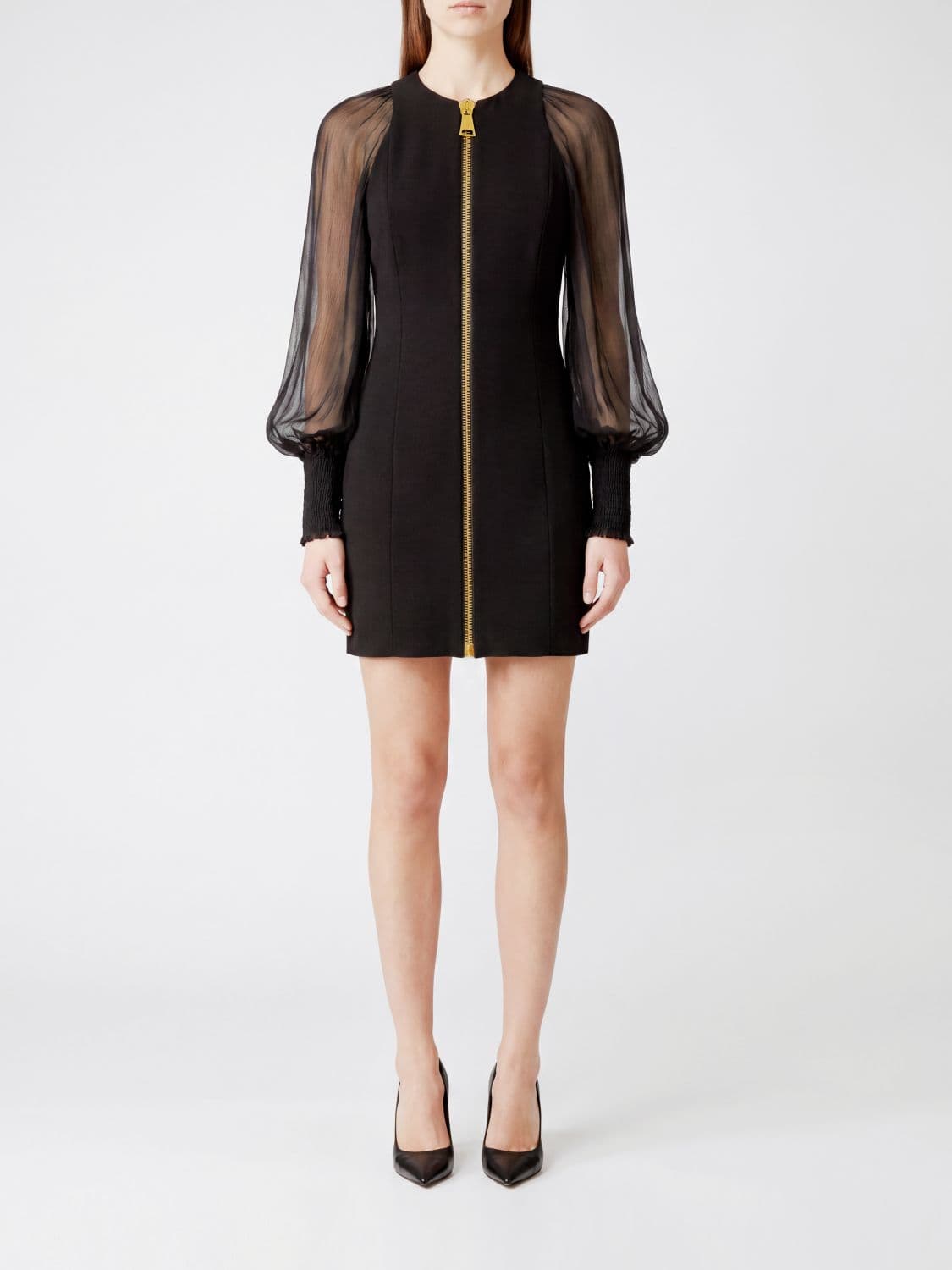 Balmain Jersey Sheath Mini Dress with Puff Sleeves and Crew Neck