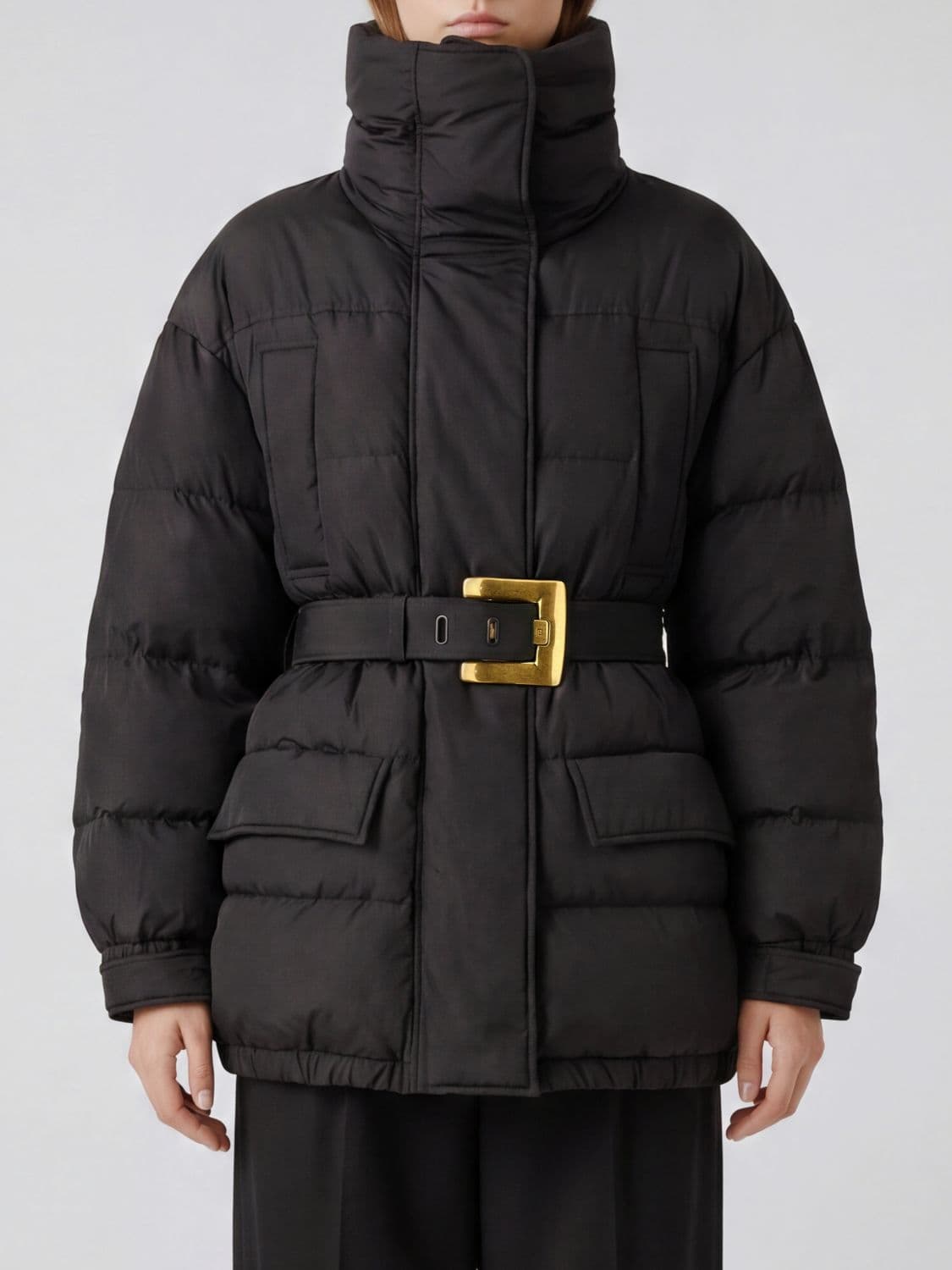 Balmain Short Technical Fabric Down Jacket with High Neck and Waist Belt