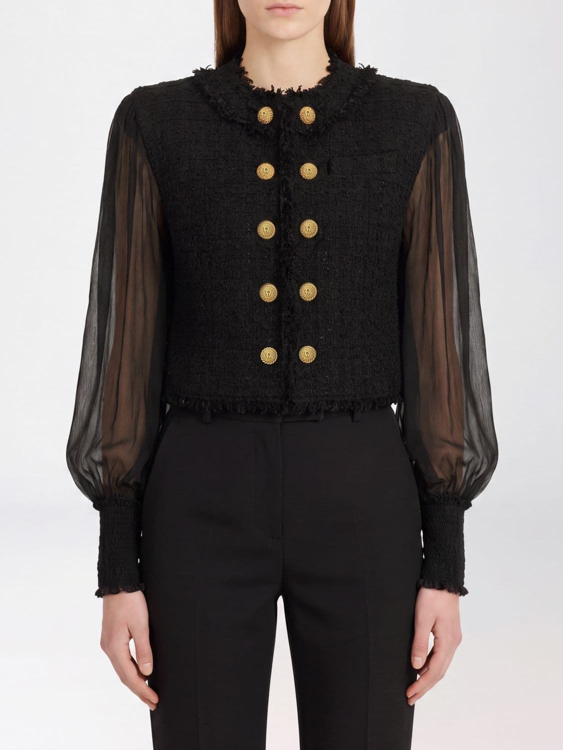 Balmain Cropped Tweed Spencer Jacket with Puff Sleeves and Frayed Details