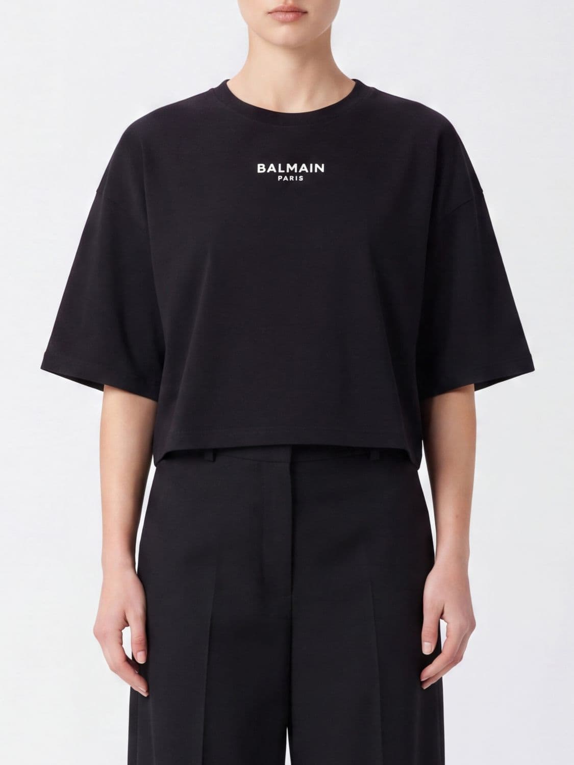 Balmain Cropped Cotton T-shirt with Contrast Logo and Dropped Shoulders