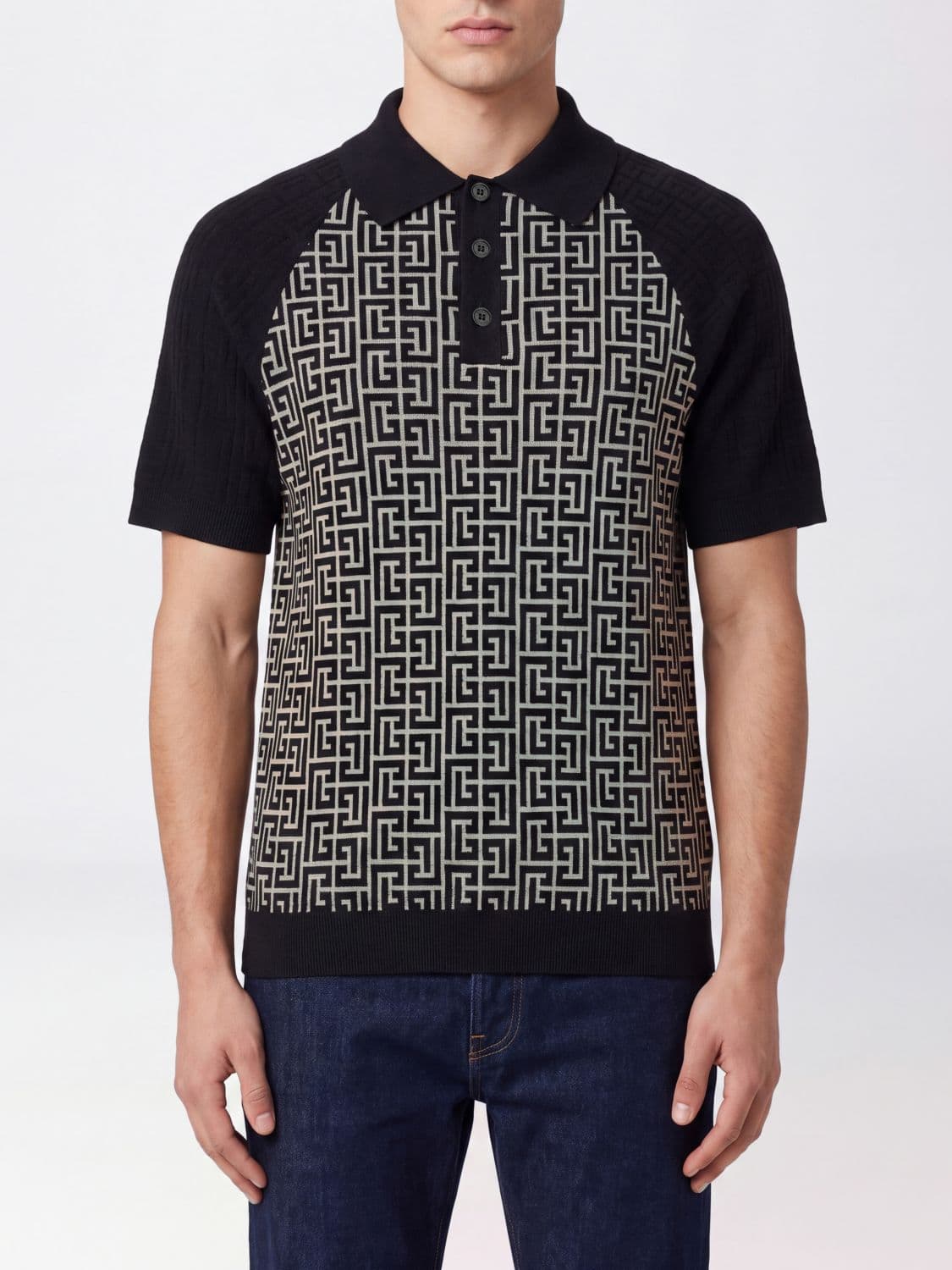 Balmain PB Monogram Knitted Polo Shirt in Cotton and Linen Blend