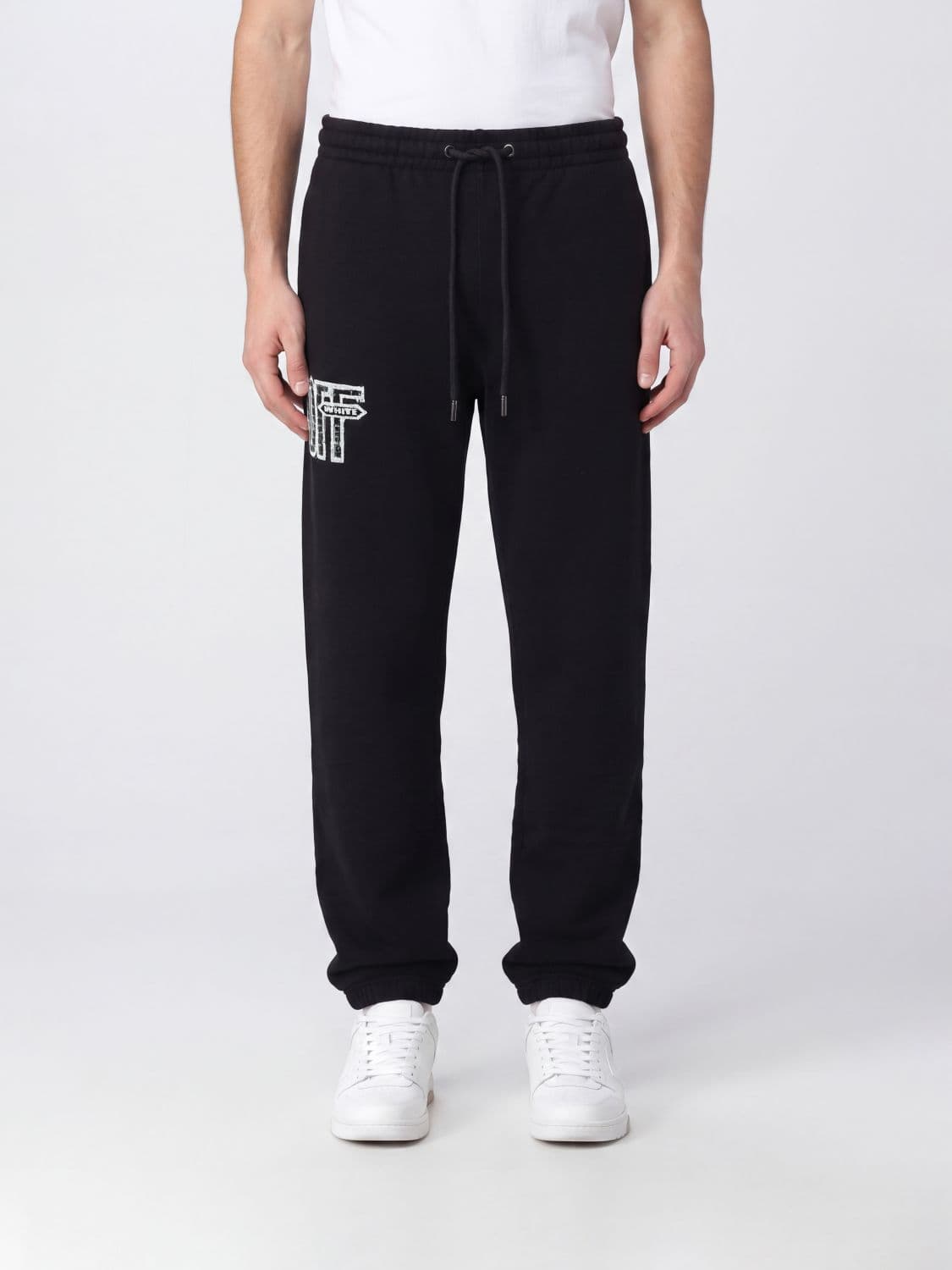 Off-White Cotton Jogging Trousers with Logo Print and Diagonal Stripes