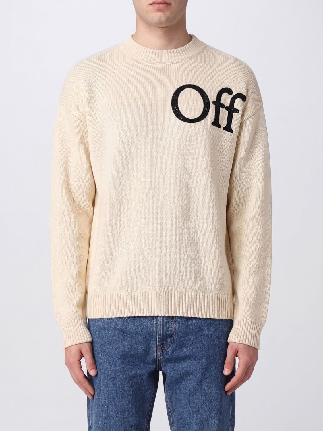 Off-White Jacquard Logo Wool Blend Crewneck Jumper with Dropped Shoulders