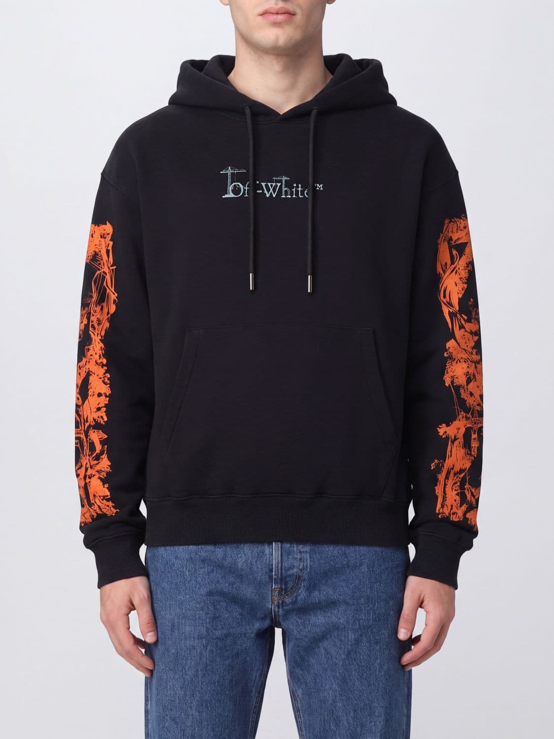 Off-White Cotton Hoodie with Back Arrow Logo and Kangaroo Pocket