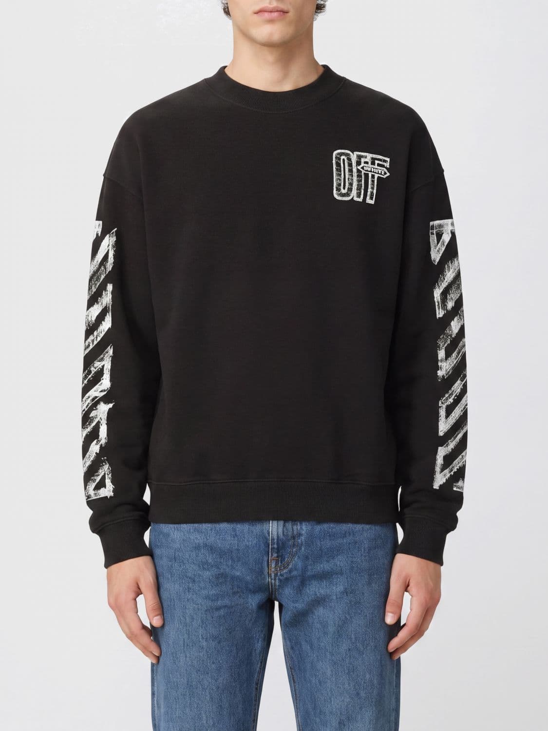Off-White Diagonals Print Cotton Crewneck Sweatshirt with Back Arrow Logo