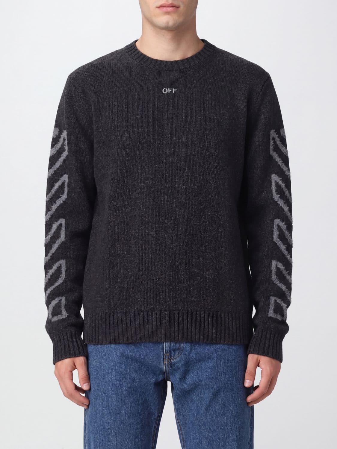 Off-White Wool-Blend Crewneck Jumper with Jacquard Arrow Logo