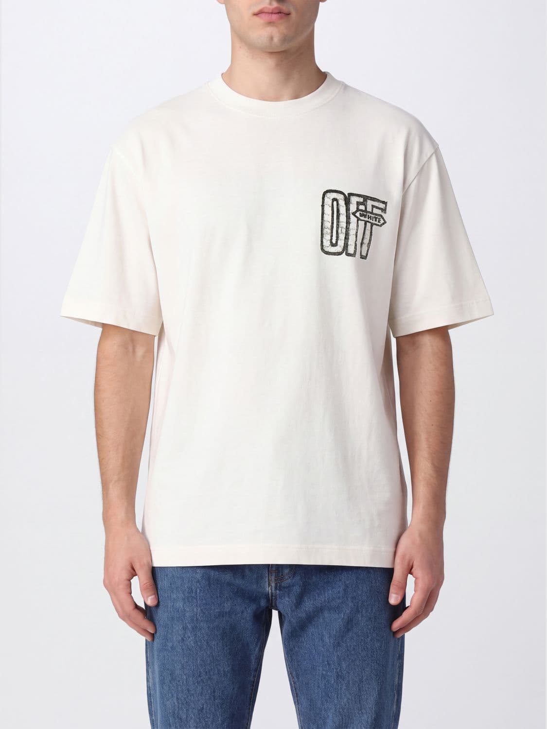 Off-White Cotton T-Shirt with Contrast Arrow Logo on the Back