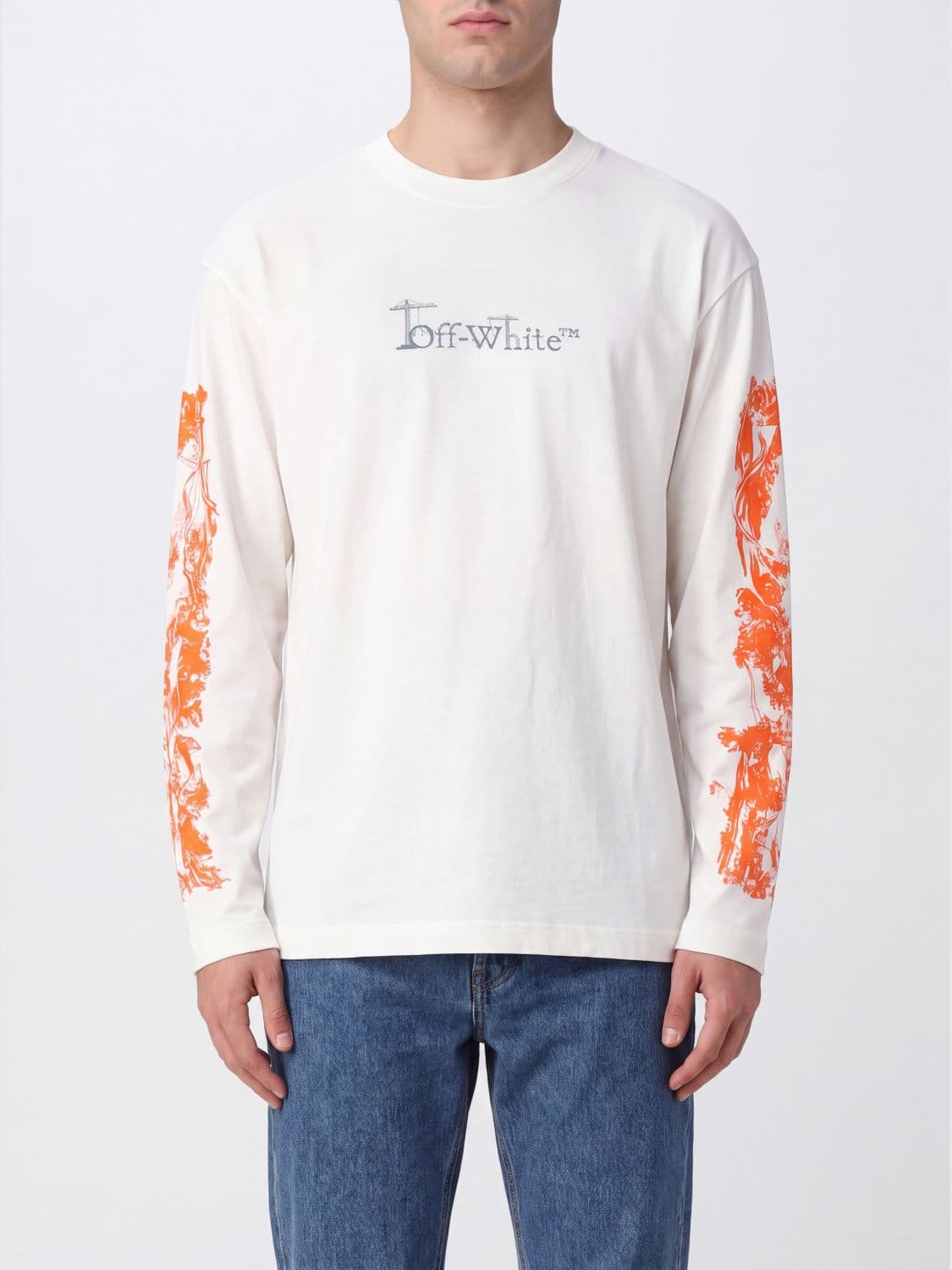 Off-White Long-Sleeved Cotton T-Shirt with Arrow Graphic Print