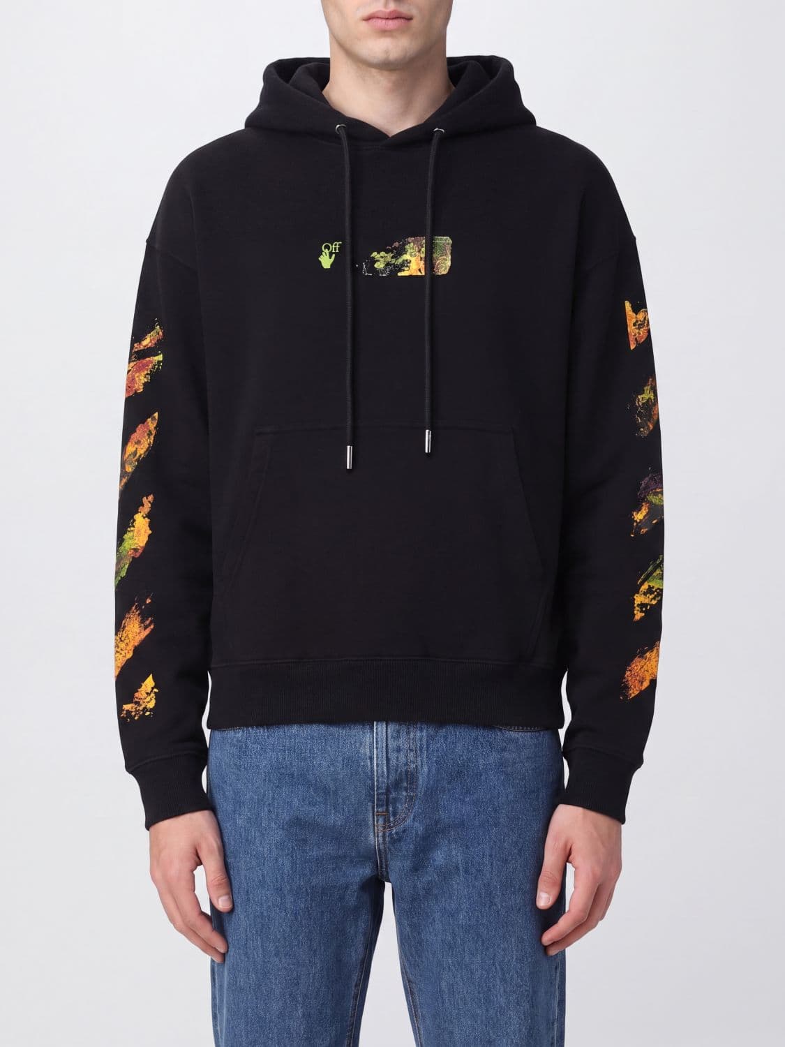 Off-White Cotton Hoodie with Arrow and Diagonals Logo