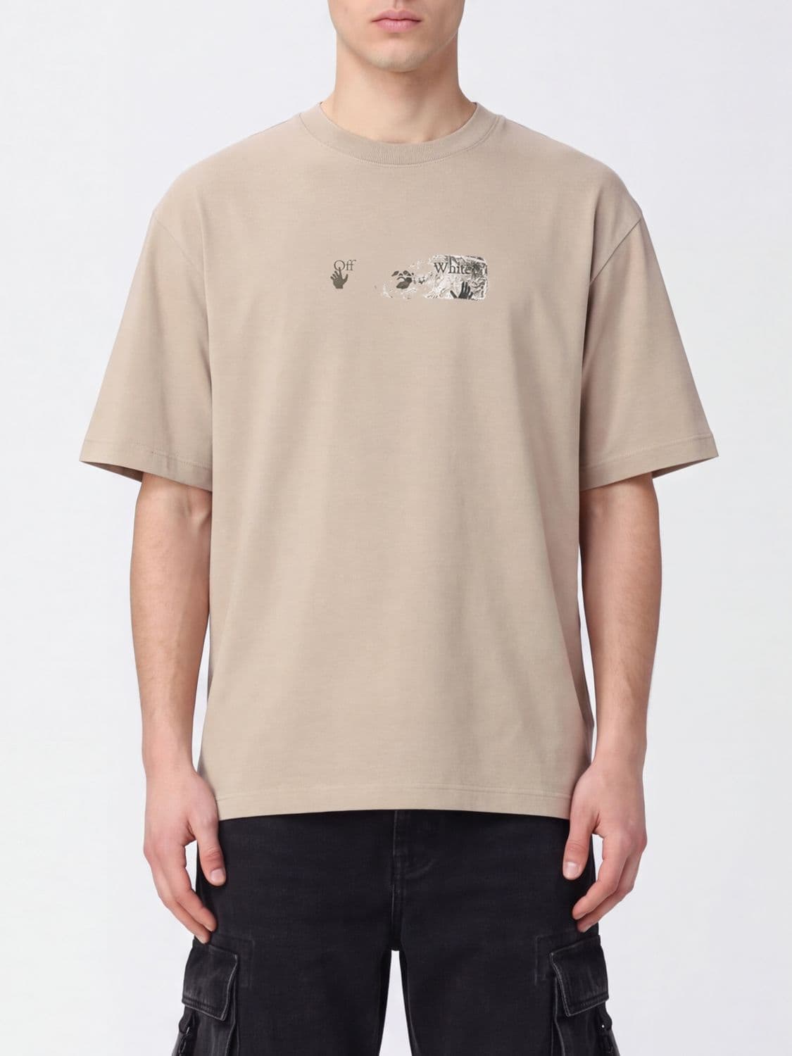 Off-White Cotton Crewneck T-Shirt with Rear Arrow Logo Print