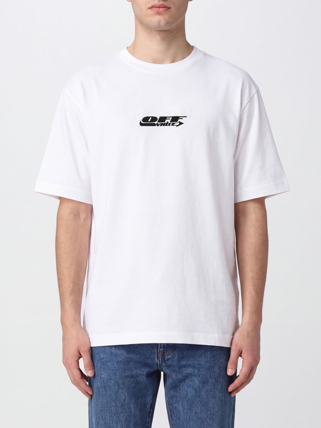 Off-White Crewneck Cotton T-Shirt with Arrow Logo on the Back