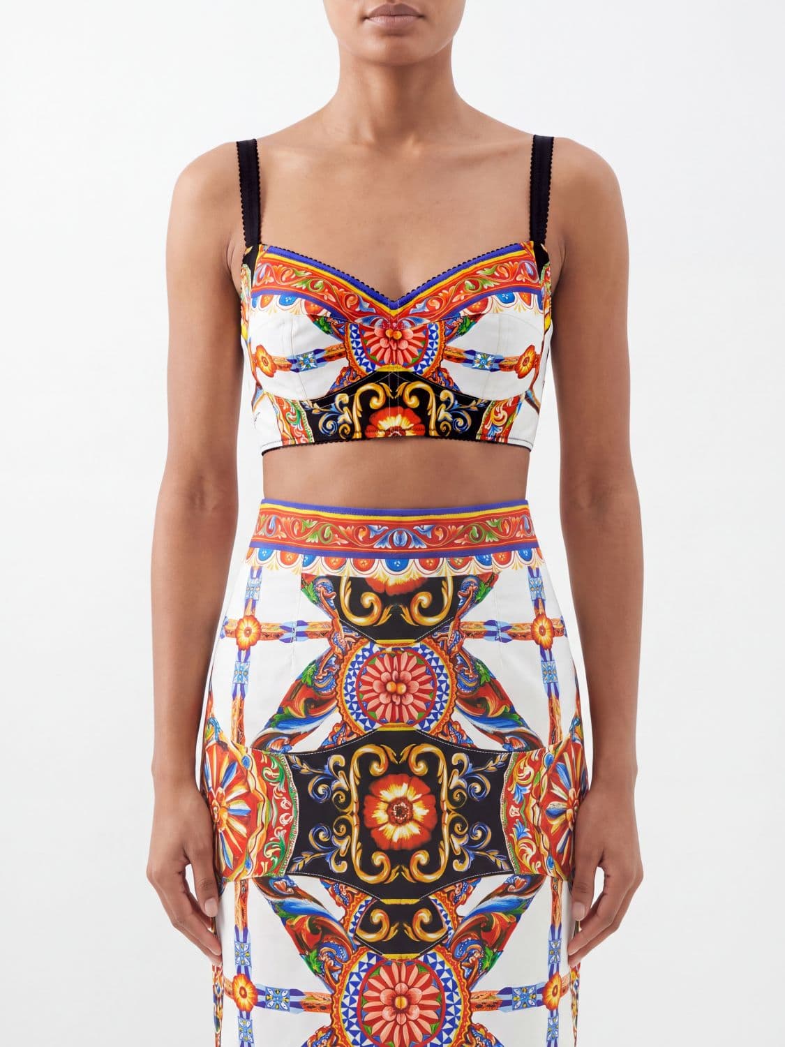 Dolce & Gabbana Cropped Cotton-Blend Bustier with Carretto Siciliano Print · 40