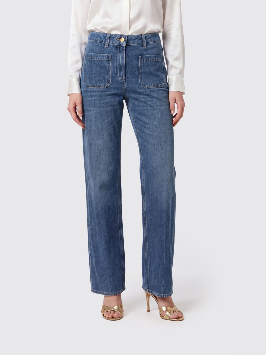 Elisabetta Franchi High-Waisted Straight-Leg Stretch Denim Jeans with Embroidered Logo