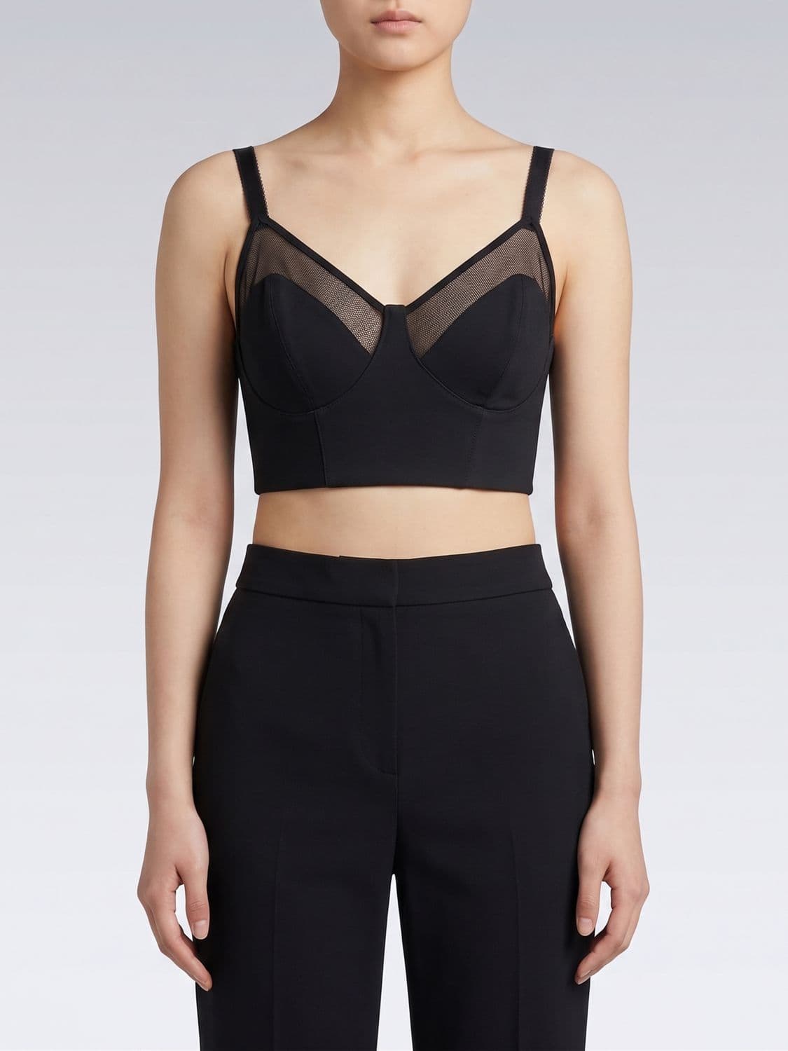 Elisabetta Franchi Cropped Bustier Top in Virgin Wool Blend and Tulle · 44