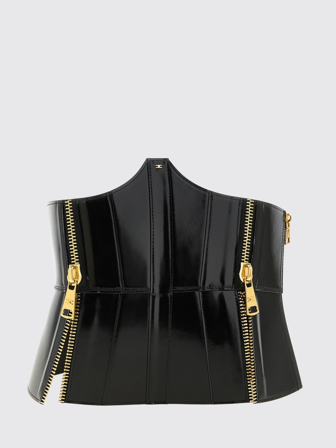 Elisabetta Franchi Leather Bustier Belt with Monogram Logo and Tie Closure