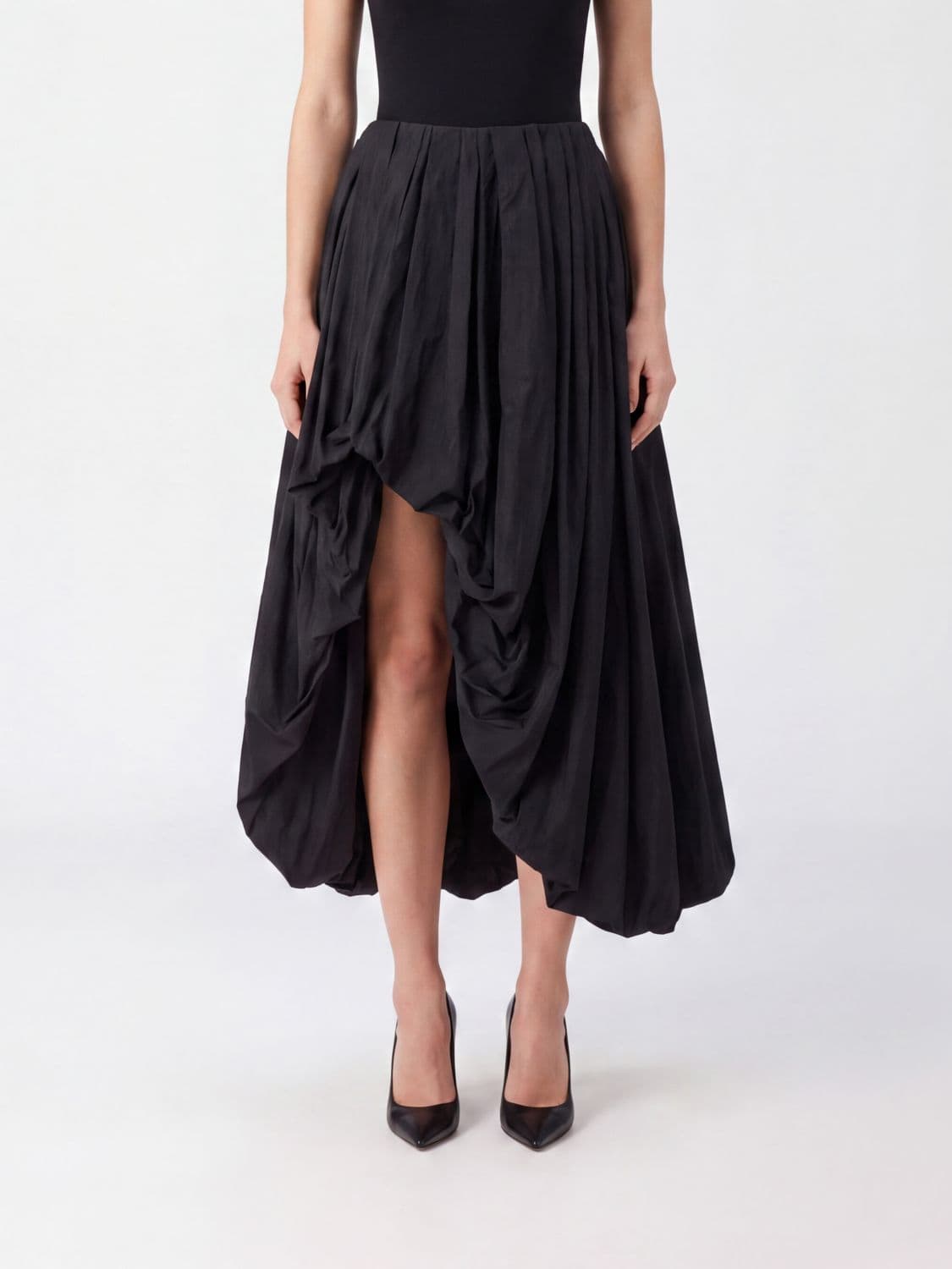 Jil Sander High-Waisted Asymmetrical Draped Midi Skirt in Taffeta