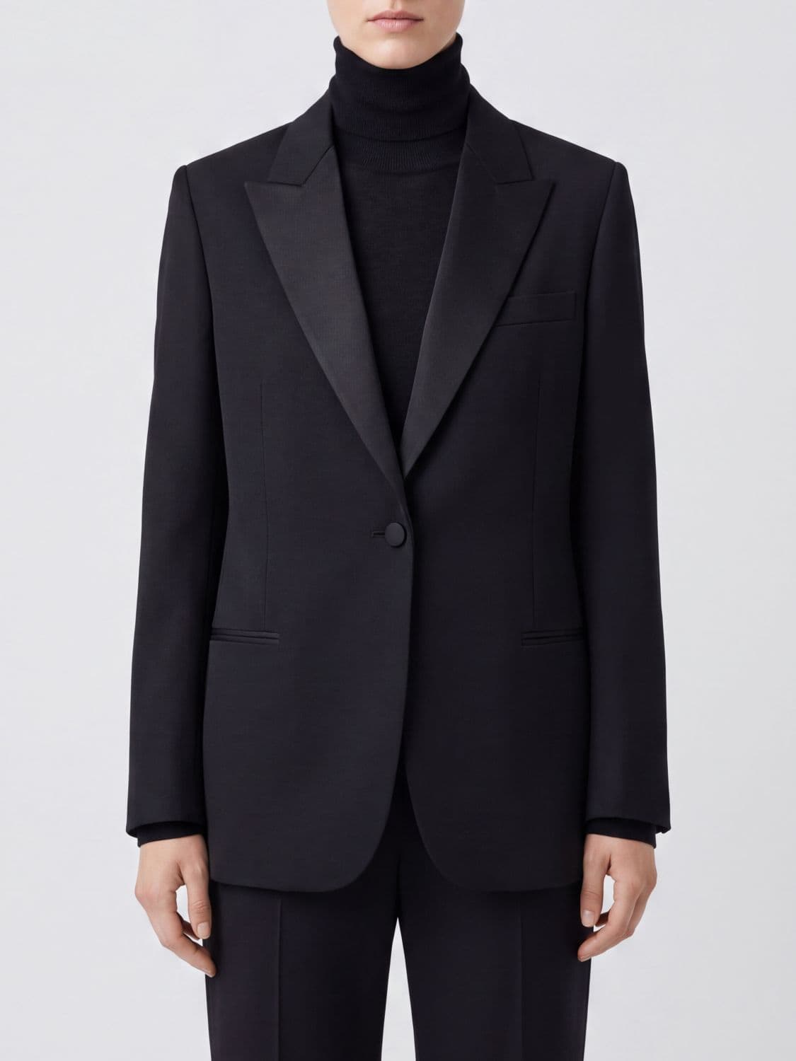 The Row Single-Breasted Wool Tuxedo Blazer with Peak Lapels and Silk Lining