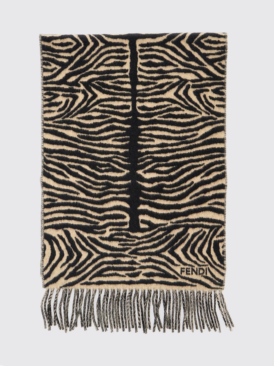 Fendi Zebra Print Pure Wool Scarf with Jacquard Logo and Fringed Hem