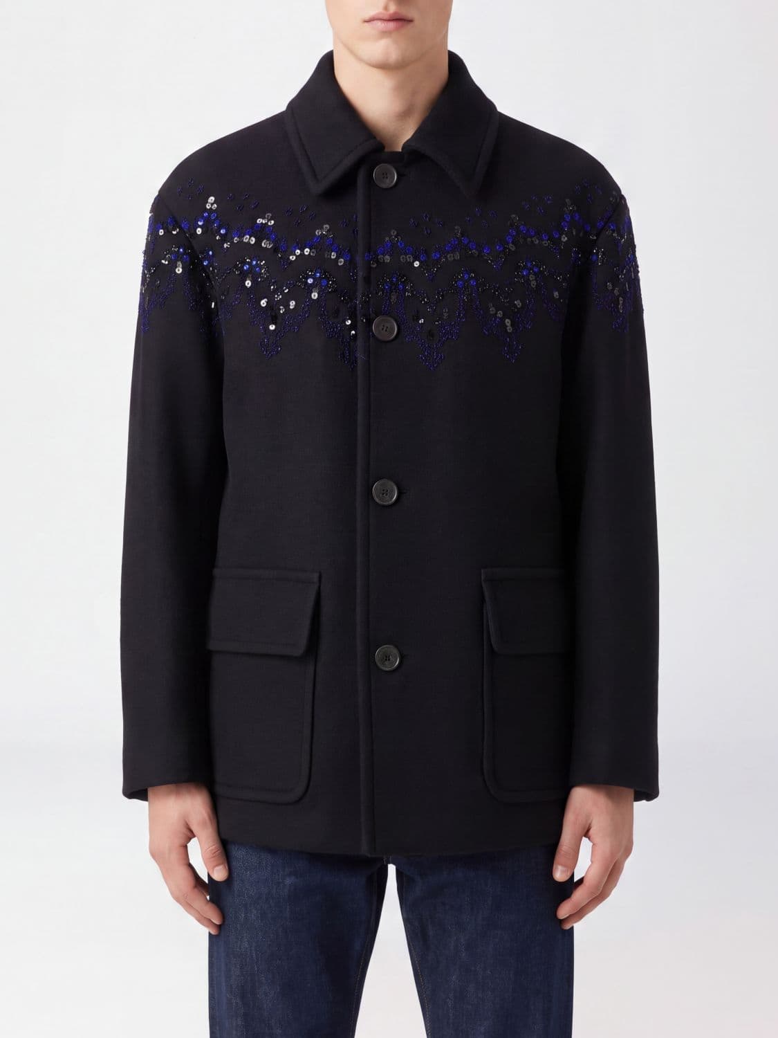 Dries Van Noten Single-Breasted Short Wool Coat with Sequin Appliqués