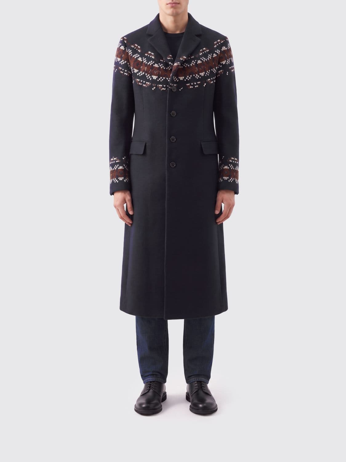 Dries Van Noten Ethnic Pattern Wool Blend Single-Breasted Long Coat