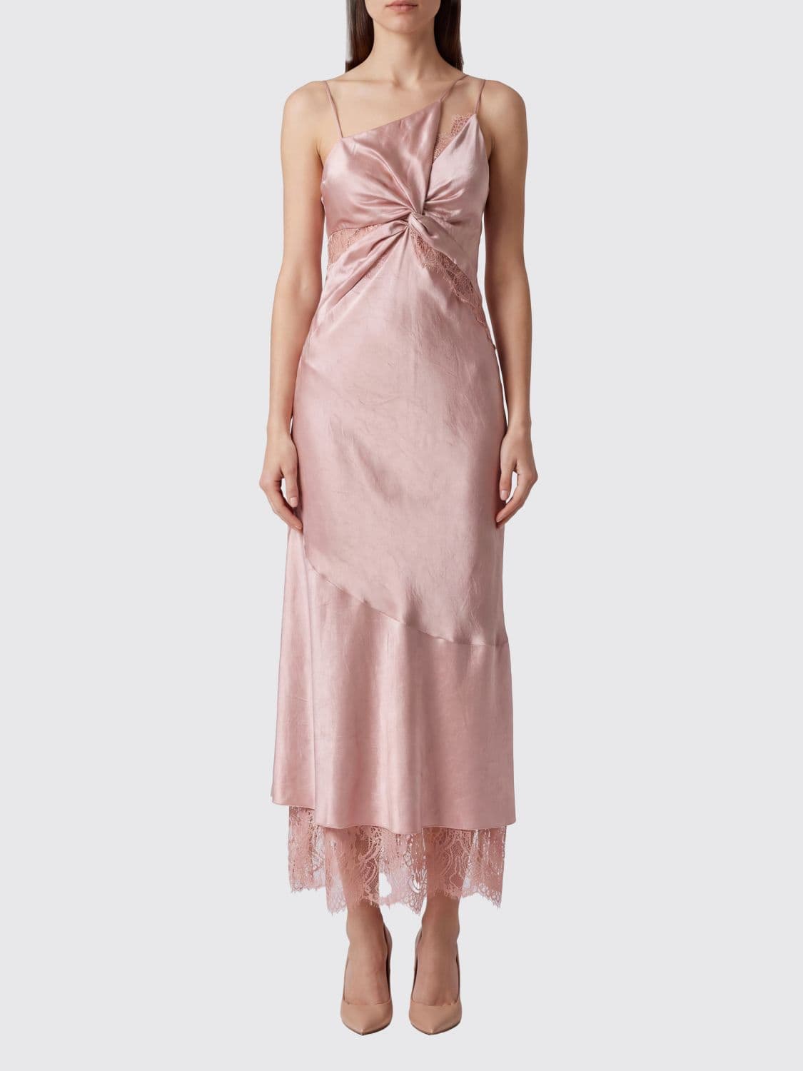 Pinko Asymmetrical Satin Midi Slip Dress with Lace Inserts