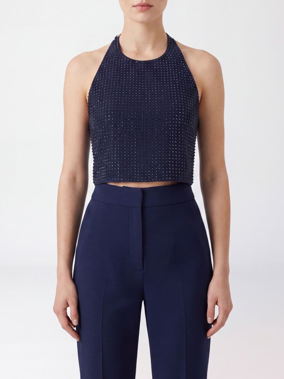 Pinko Rhinestone-Embellished Crêpe Cropped Halter Top