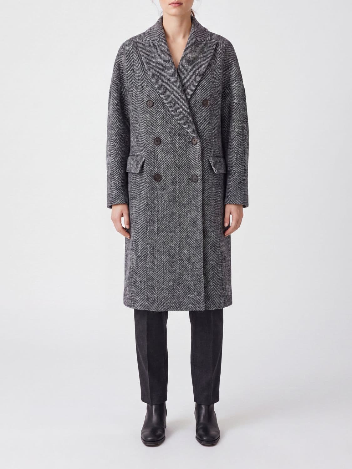 Brunello Cucinelli Relaxed Fit Double-Breasted Wool Blend Coat with Lapels