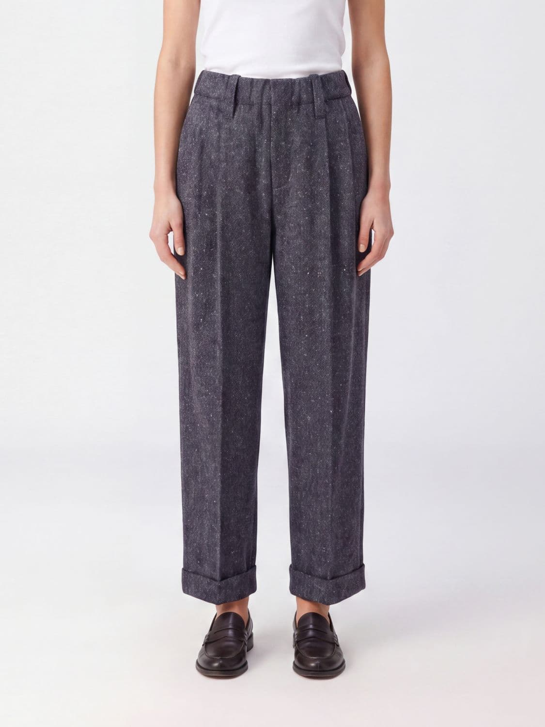 Brunello Cucinelli High-Waisted Pleated Wide-Leg Trousers in Tweed