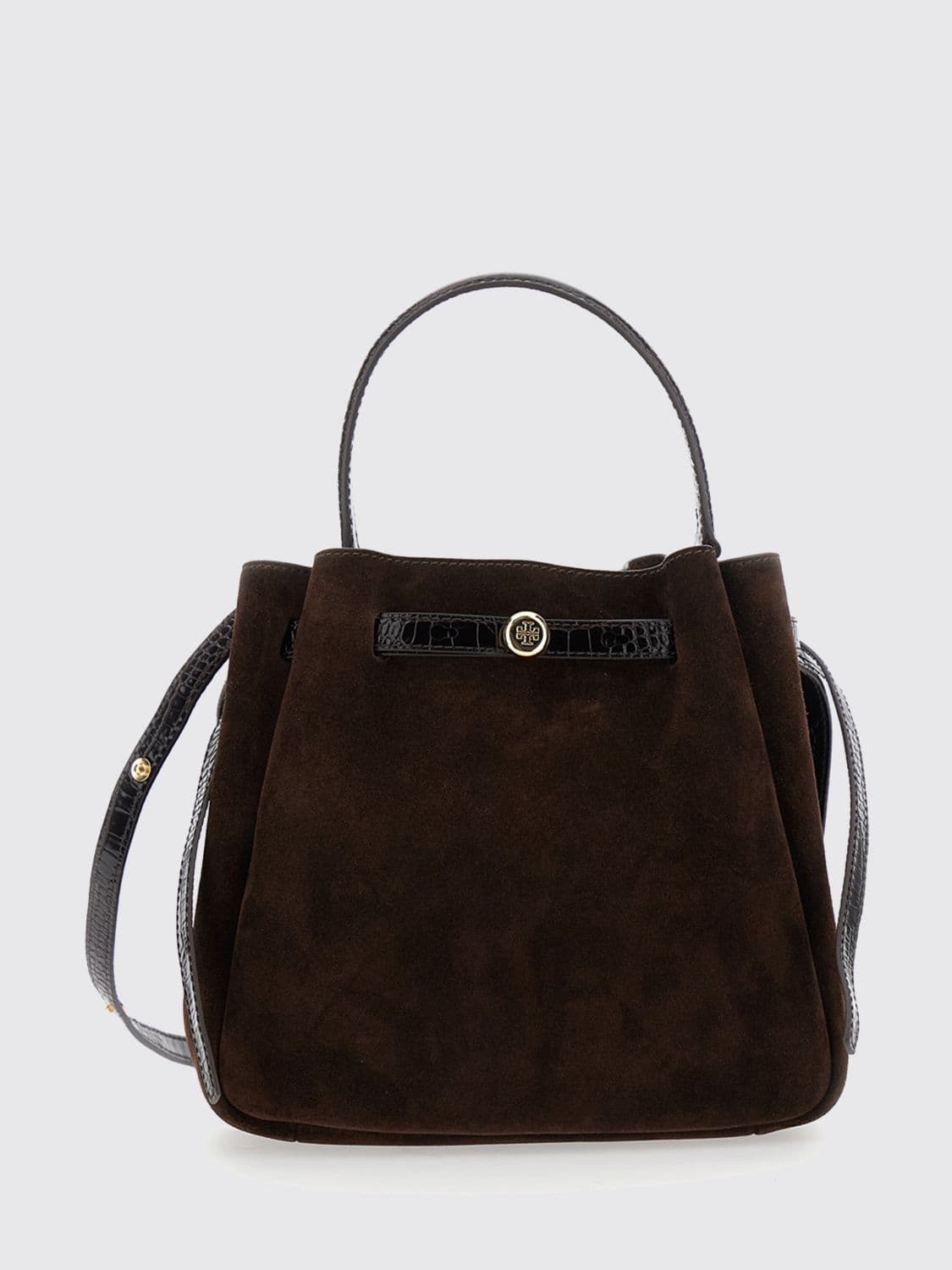 Tory Burch Romy Suede Mini Bucket Bag with Double T Logo