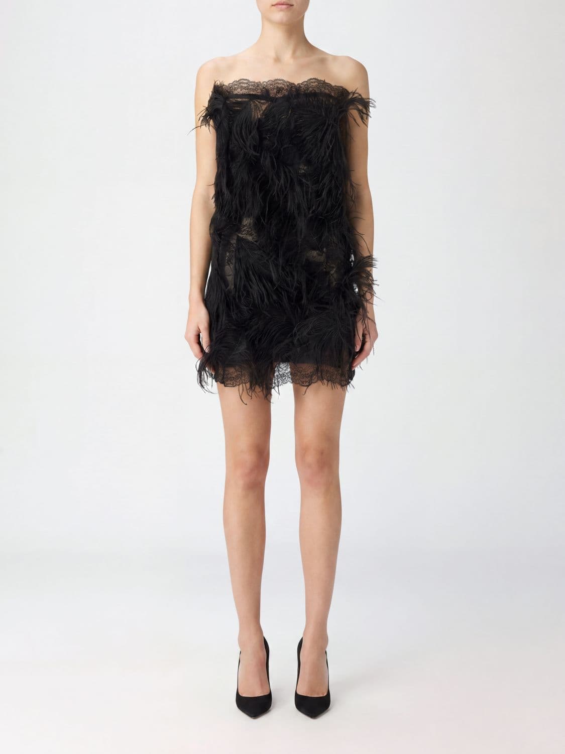 The Attico Feather and Lace-Trimmed Wool Mini Sheath Dress