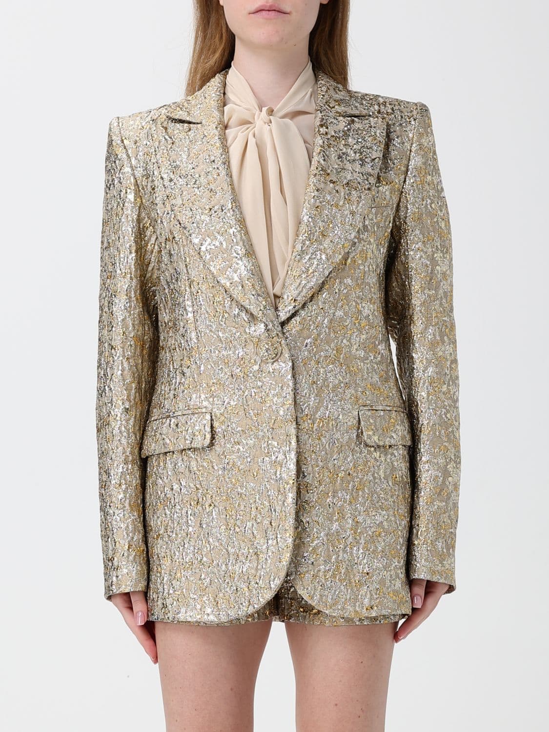Collini Milano 1937 Gold-Tone Metallic Crêpe Blazer with Padded Shoulders