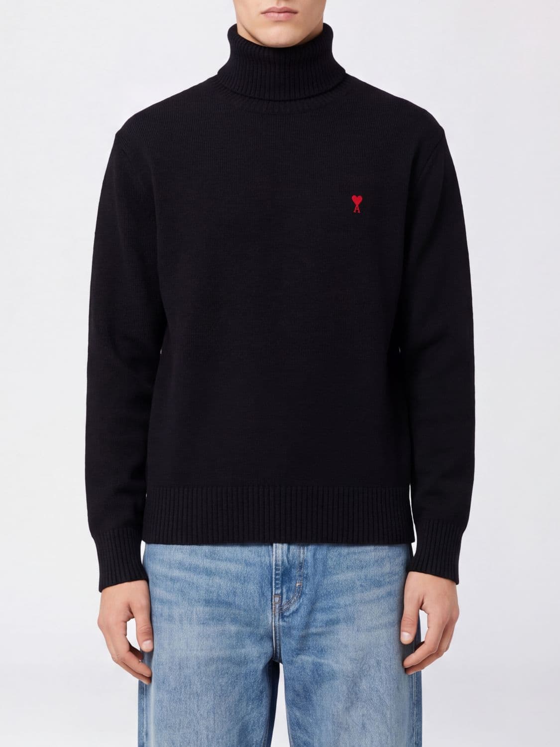 Ami Paris Turtleneck Jumper in Pure Merino Wool with Embroidered Ami de Caur Logo