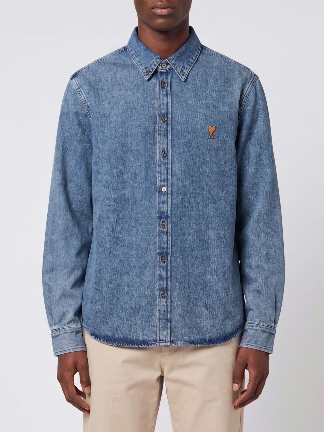 Ami Paris Button-Down Collar Cotton Denim Shirt with Embroidered Logo