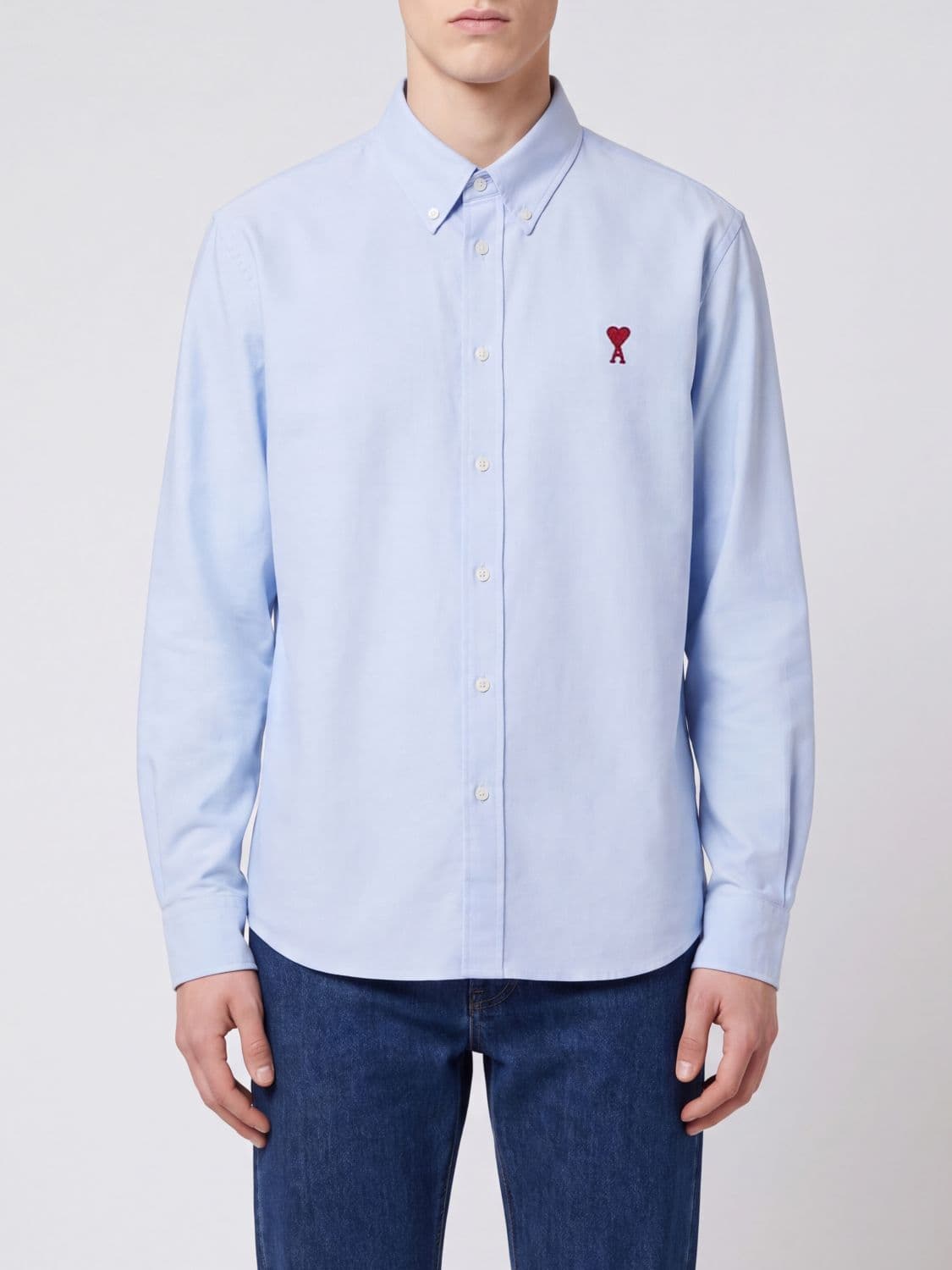 Ami Paris Button-Down Cotton Shirt with Contrasting Embroidered Logo