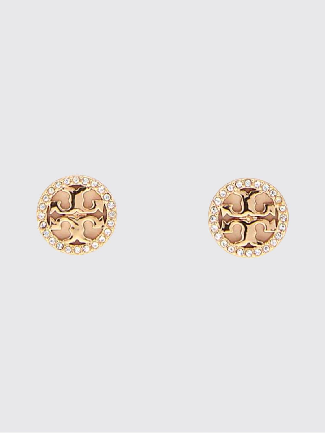Tory Burch Gold-Plated Brass Stud Earrings with Double T Logo and Crystals