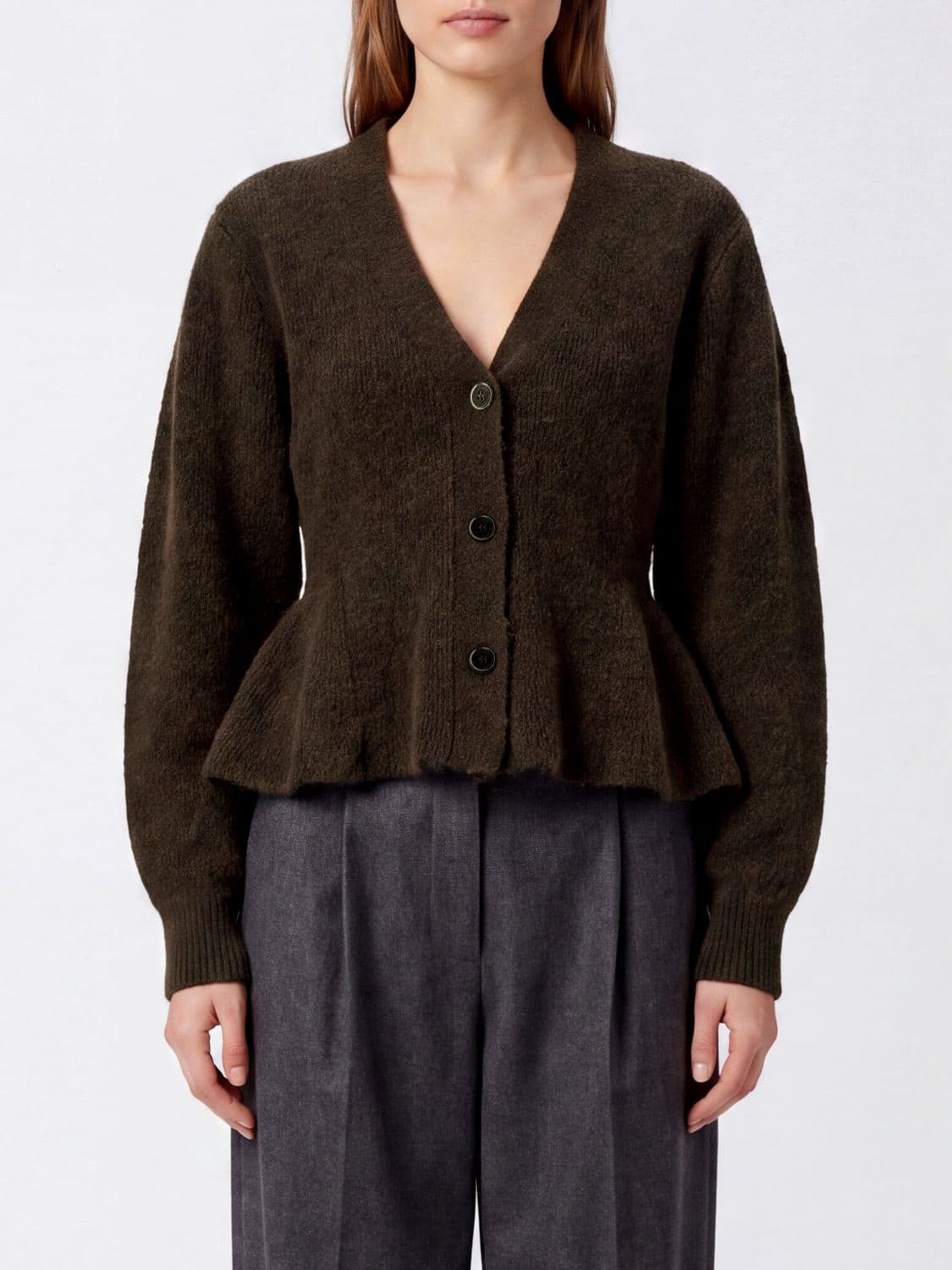 Rotate V-Neck Alpaca Wool Blend Cardigan with Ruffled Hem