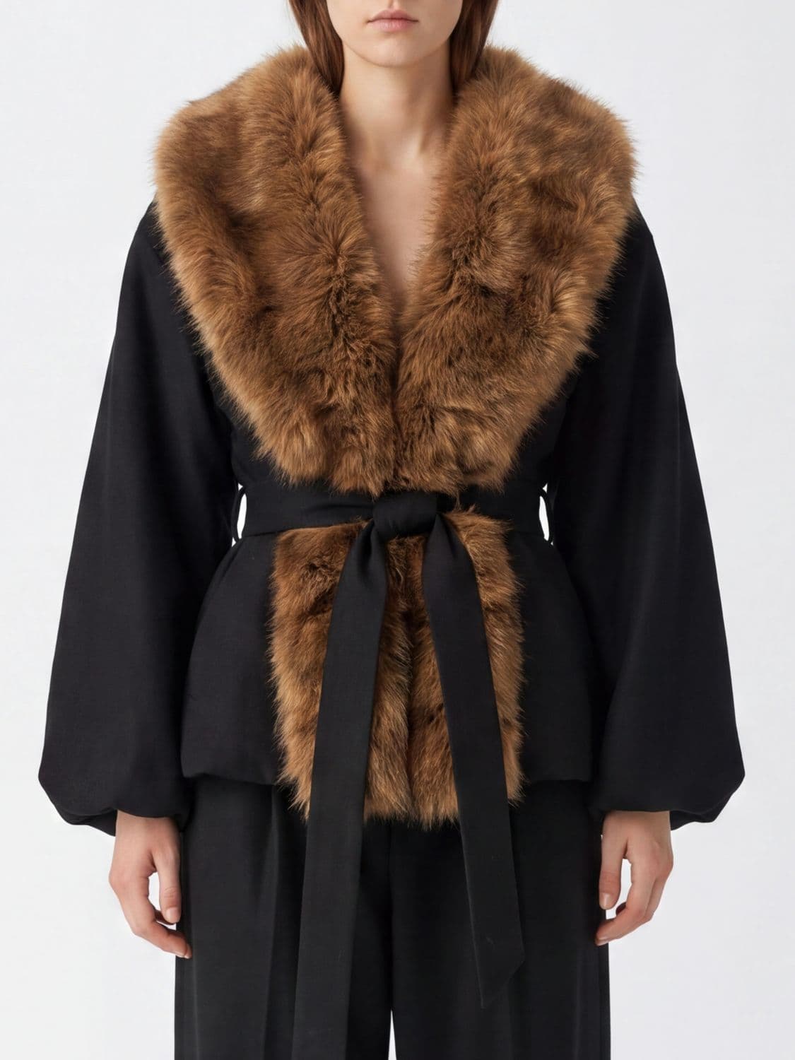 Rotate Bicolour Faux-Fur Short Coat with Shawl Collar