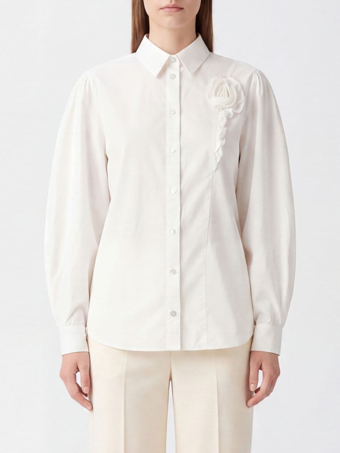 Rotate Organic Cotton Shirt with Balloon Sleeves and Flower Appliqué