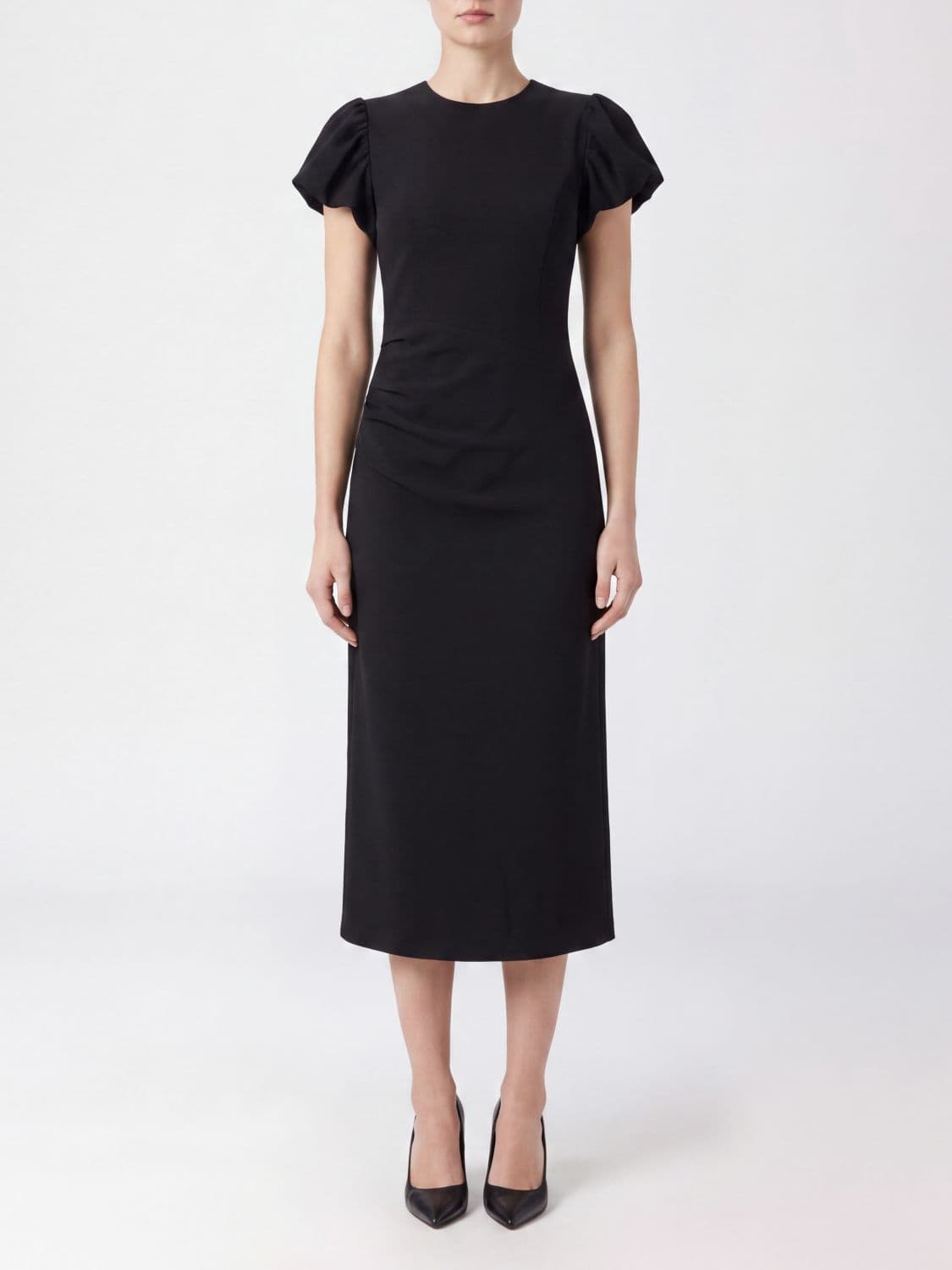 Rotate Short-Sleeved Crêpe Midi Sheath Dress with Back Slit