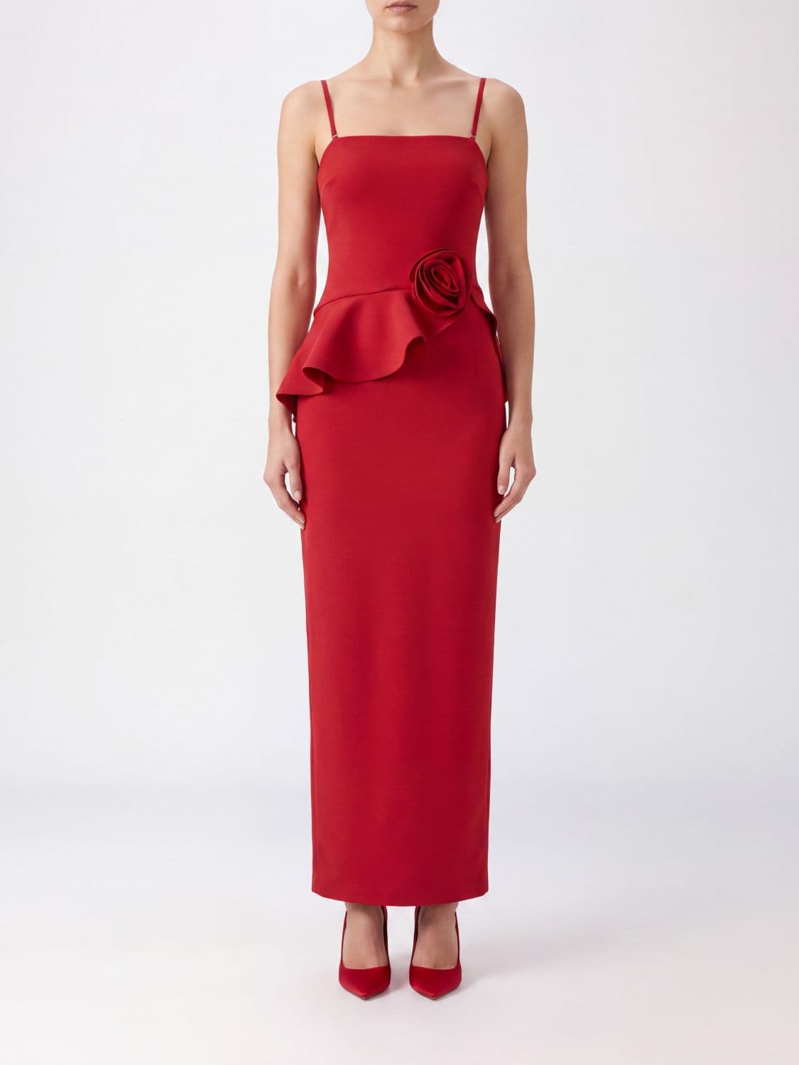 Rotate Ruffled Crêpe Long Evening Gown with Back Slit