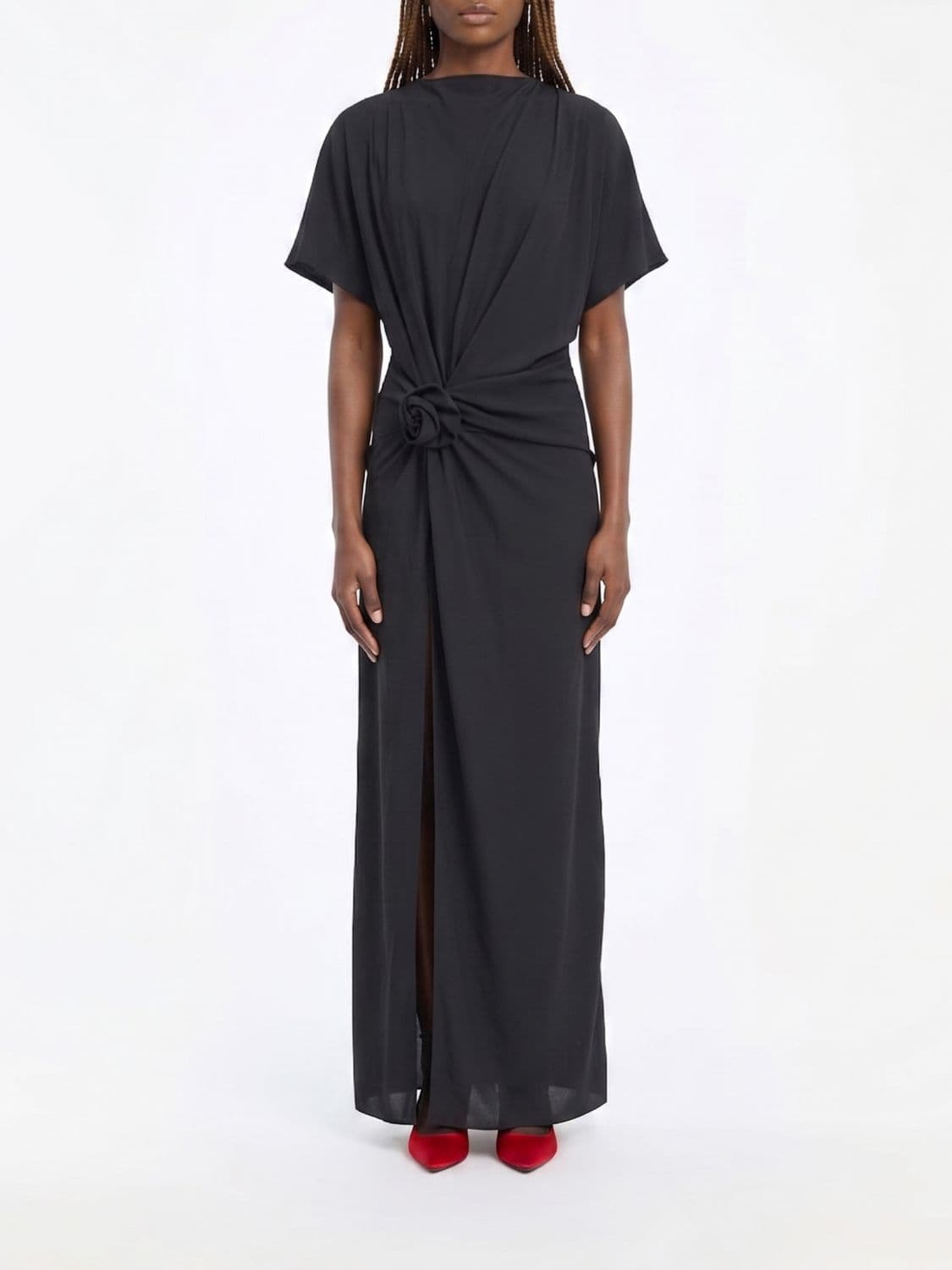 Rotate Long Sheath Dress in Jersey with Ruched Waist and Short Sleeves