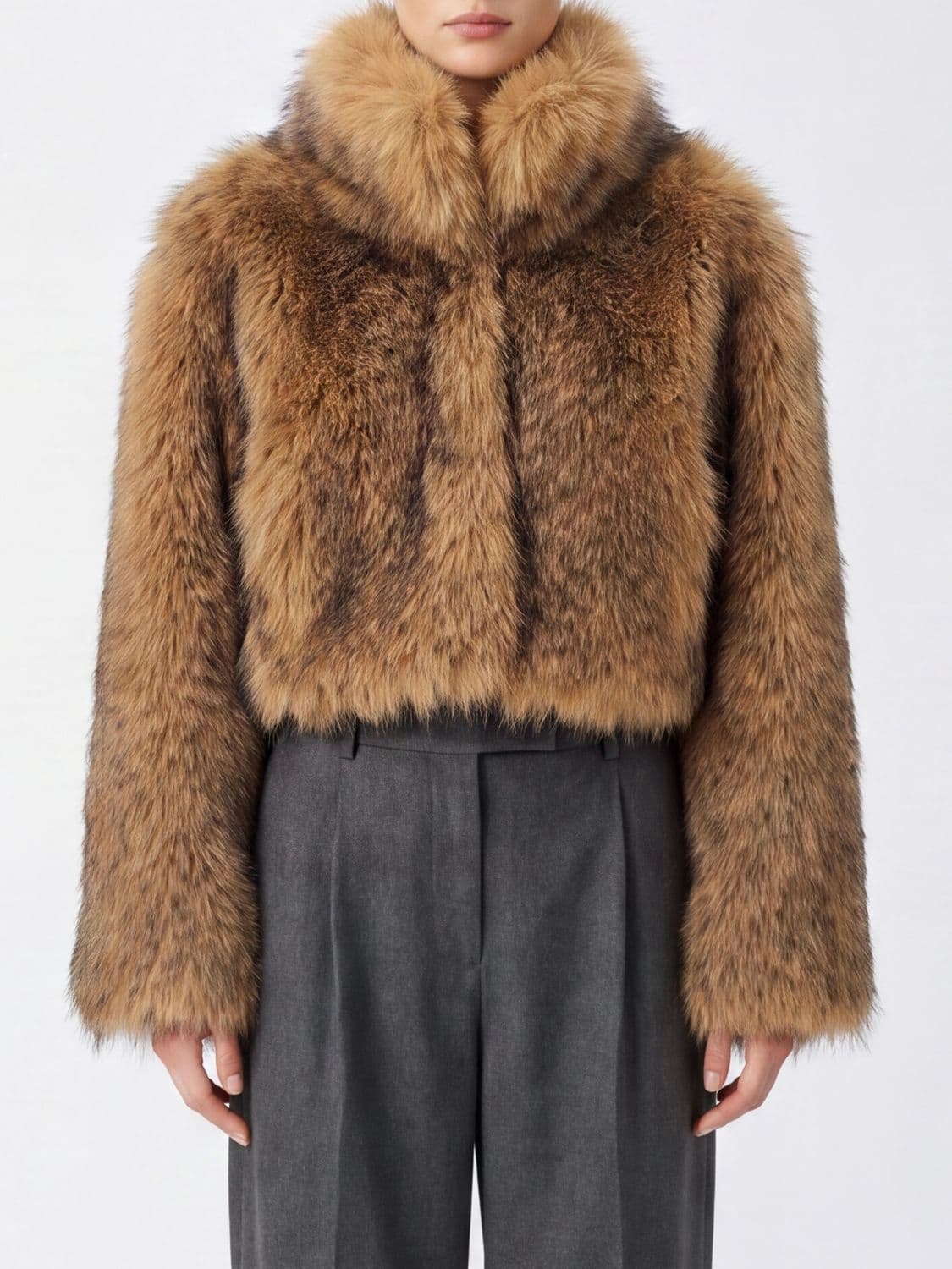 Rotate Cropped Faux-Fur Jacket with High Neck