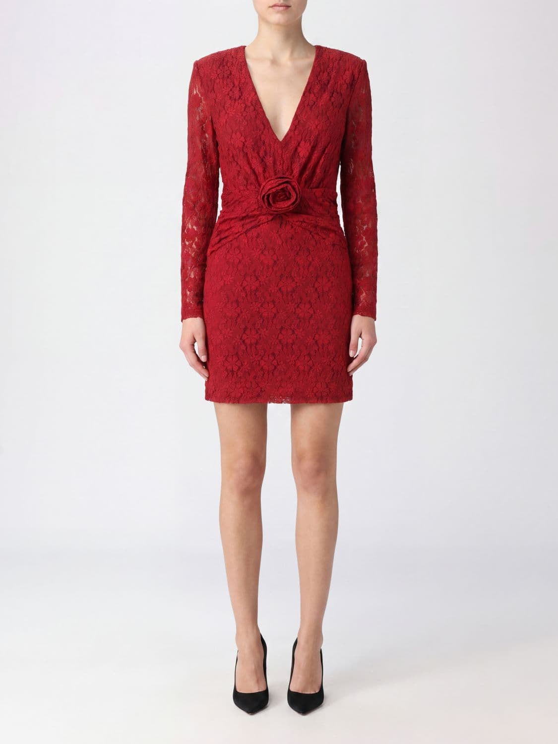 Rotate Lace Sheath Mini Dress with Floral Appliqué and Long Sleeves