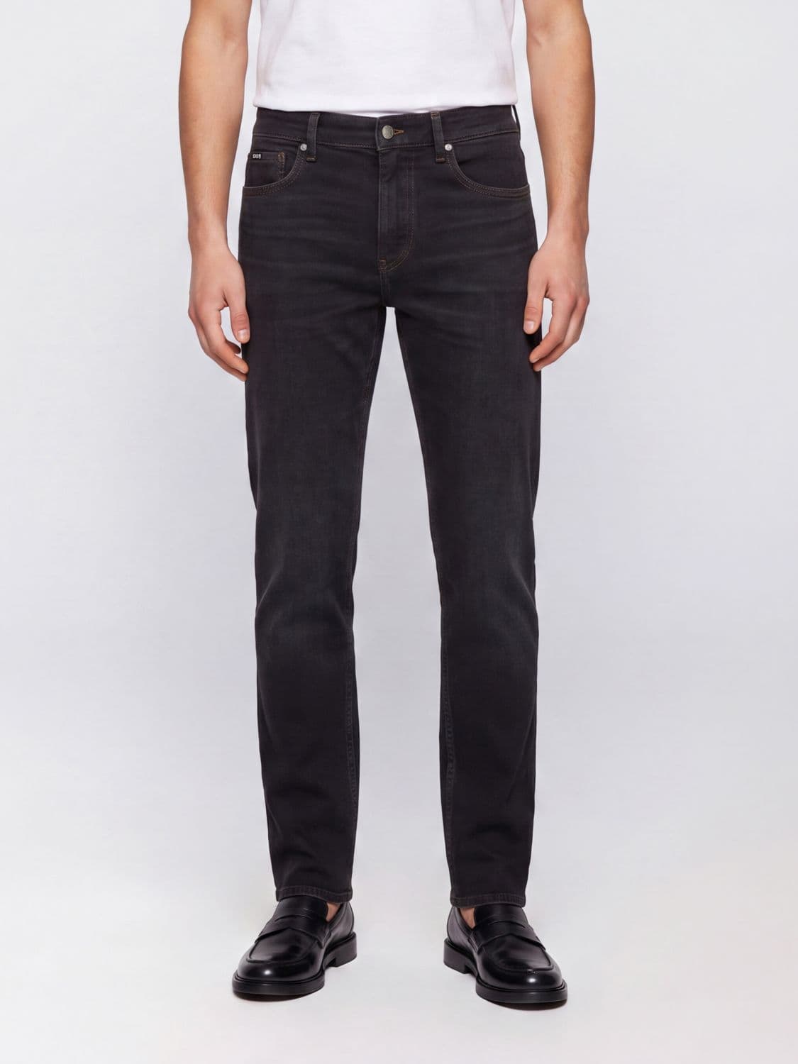 Boss Mid-Rise Slim Fit Skinny Jeans in Black Cotton Denim