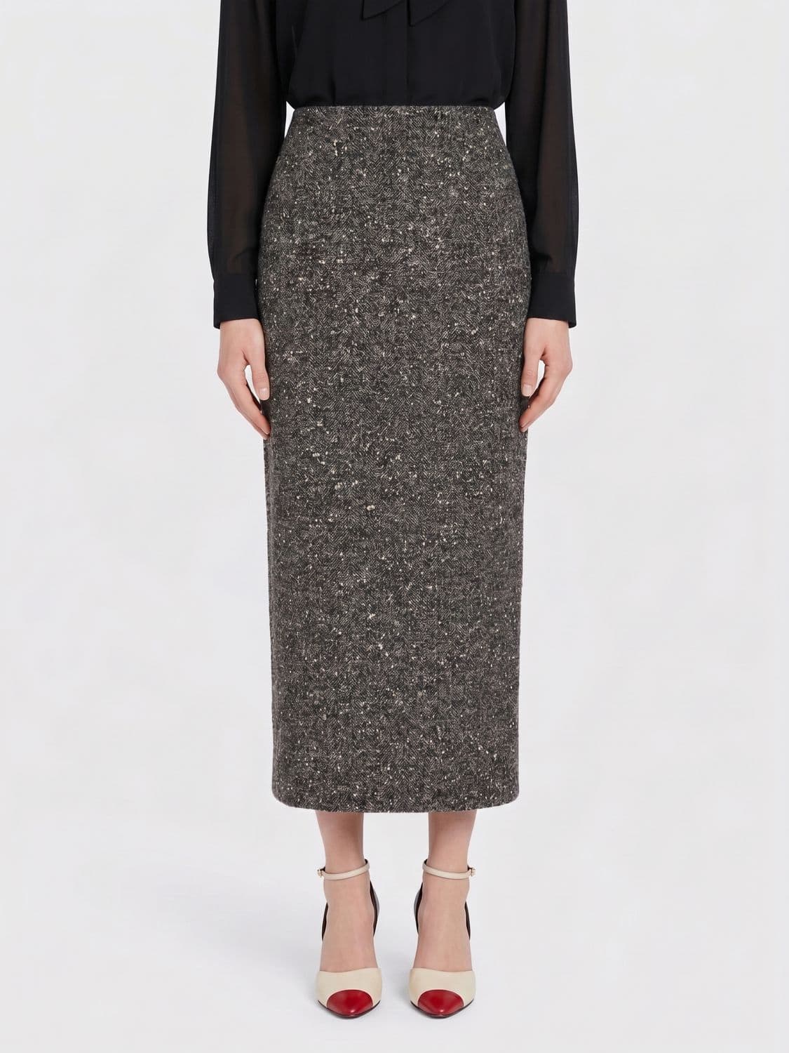 Valentino Garavani Wool Blend Midi Pencil Skirt with Ruffles