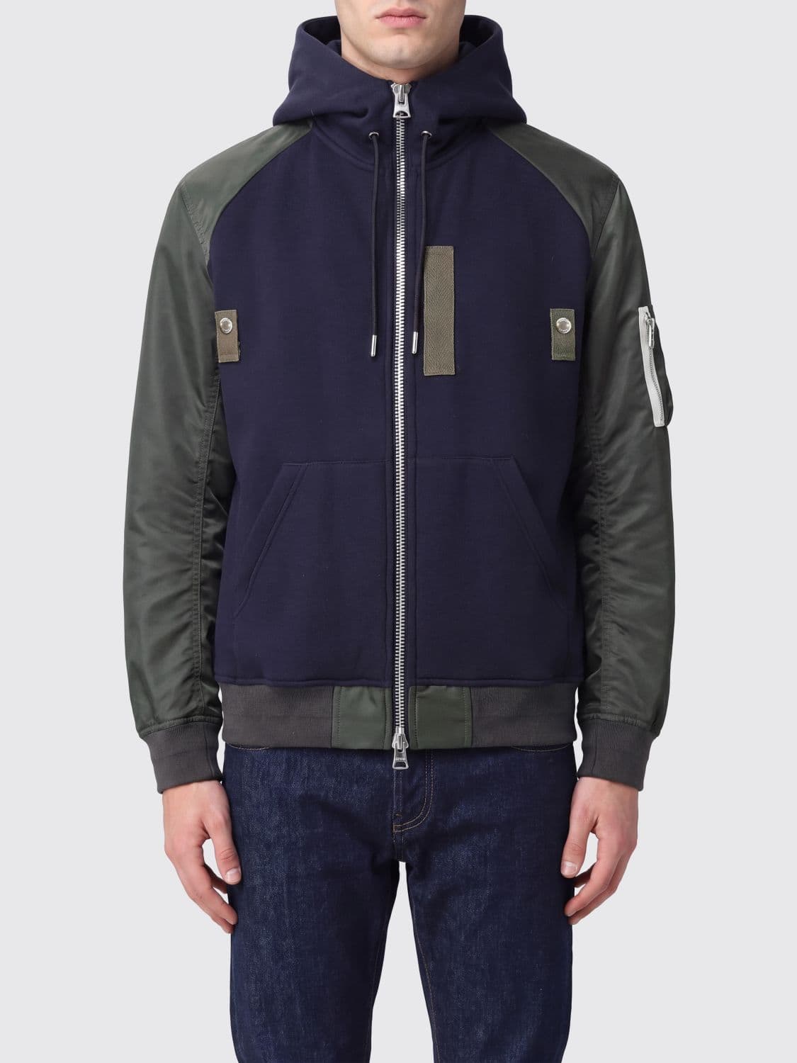 Sacai Bicolour Cotton and Nylon Zip-Up Hoodie with Patch Pocket