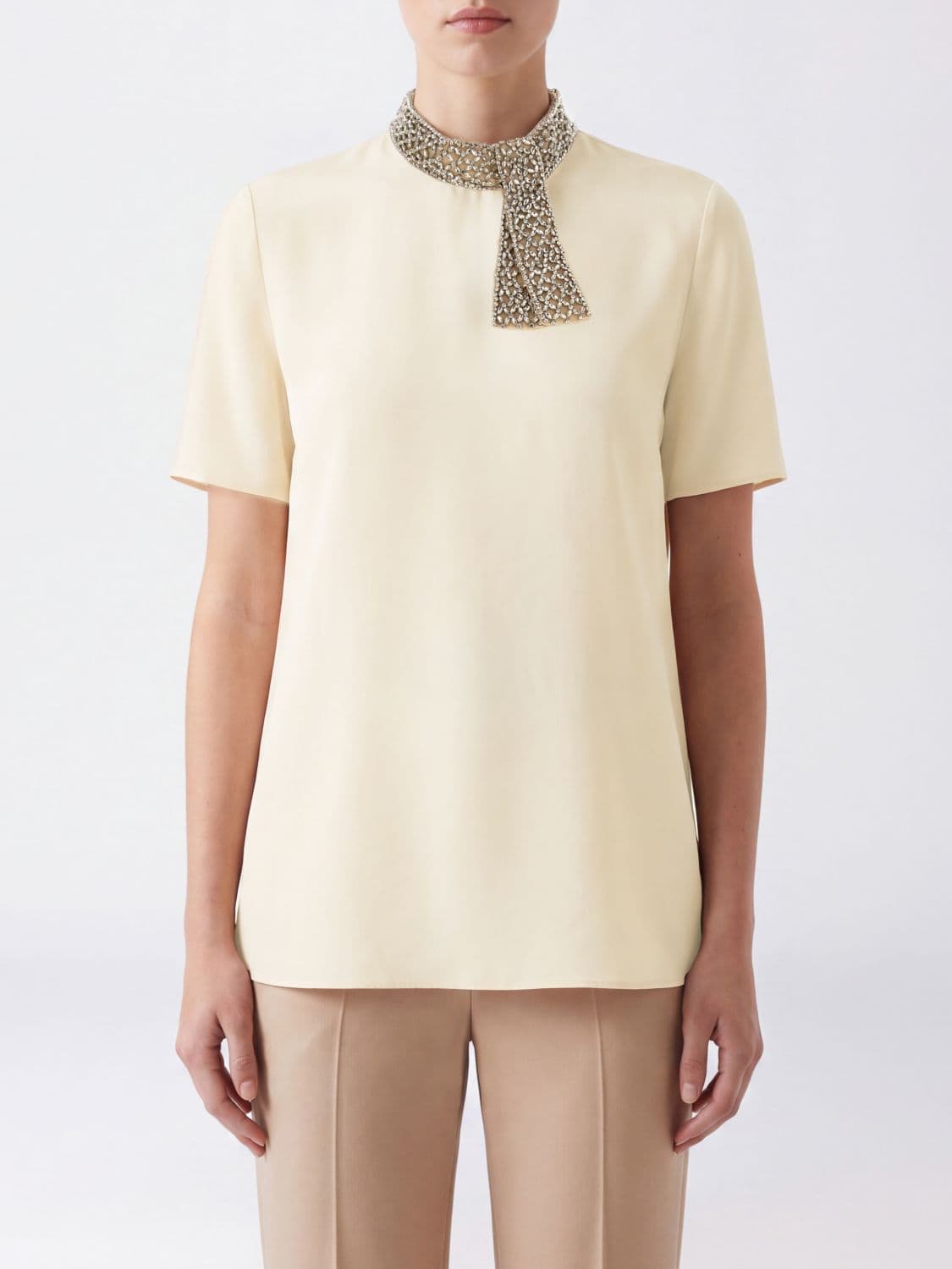 Valentino Garavani Short-Sleeved Blouse in Embroidered Silk with Jewel Neck · 40