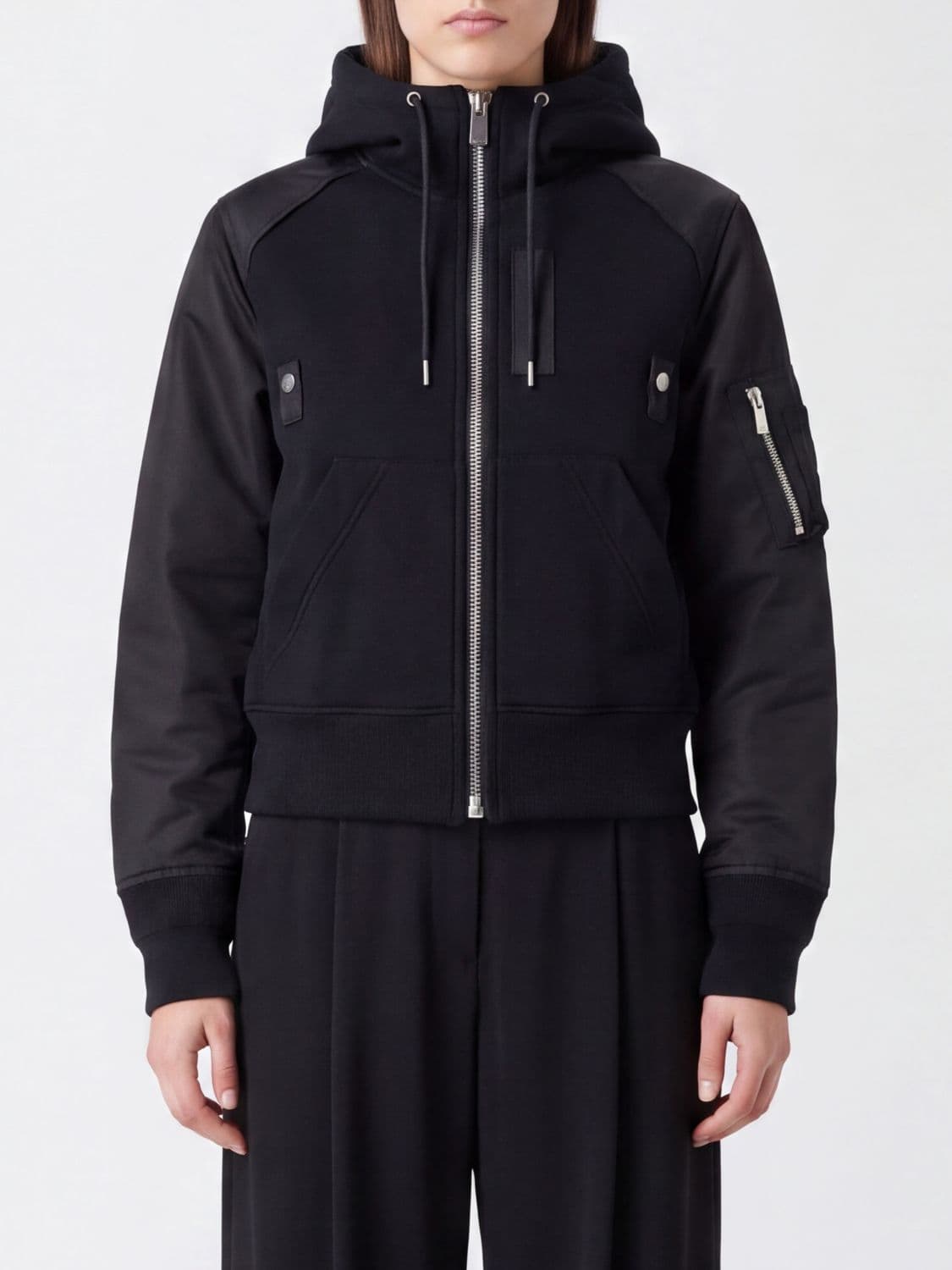 Sacai Nylon and Twill Zip-Up Hoodie with High Neck