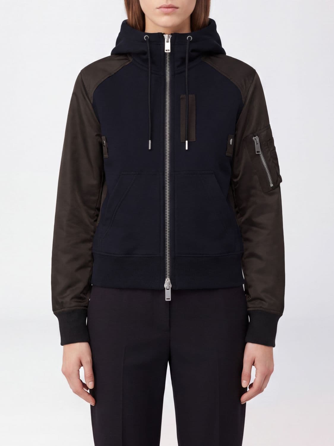 Sacai Nylon and Twill Zip-Up Hoodie with High Neck