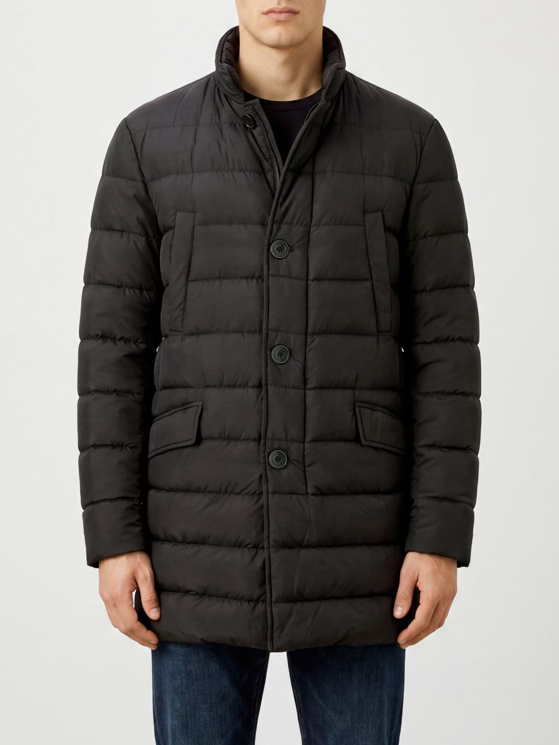 Herno Long Quilted Nylon Puffer Coat with High Neck and Button Closure